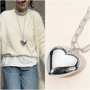 Silver Puffy Heart Long Necklace (8014)